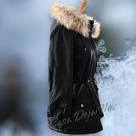Banana Republinc Fur Lined Hooded Black Winter Coat Jacket Parka - Picture 5 of 10